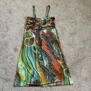 Vintage Inspired Babydoll Hippie Bohemain EmpireWaist Feather Print Dress Sz L/X